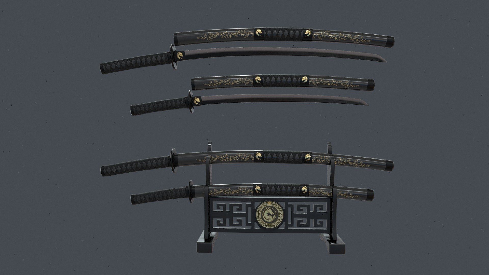 Black Double Bladed Katana Wakizashi and Stand