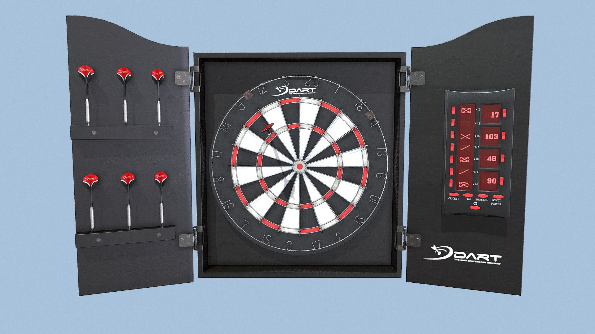 Dartboard and Cabinet with Scoreboard and Darts