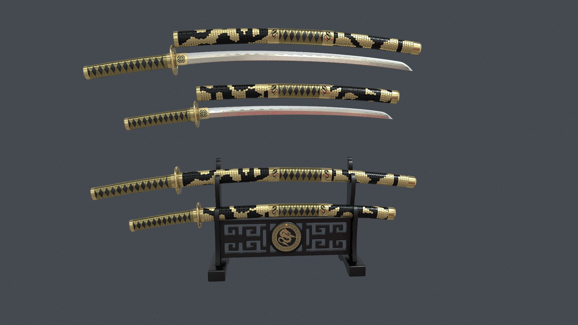 Gold Double Bladed Katana Wakizashi and Stand