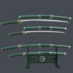 Green Double Bladed Katana Wakizashi and Stand