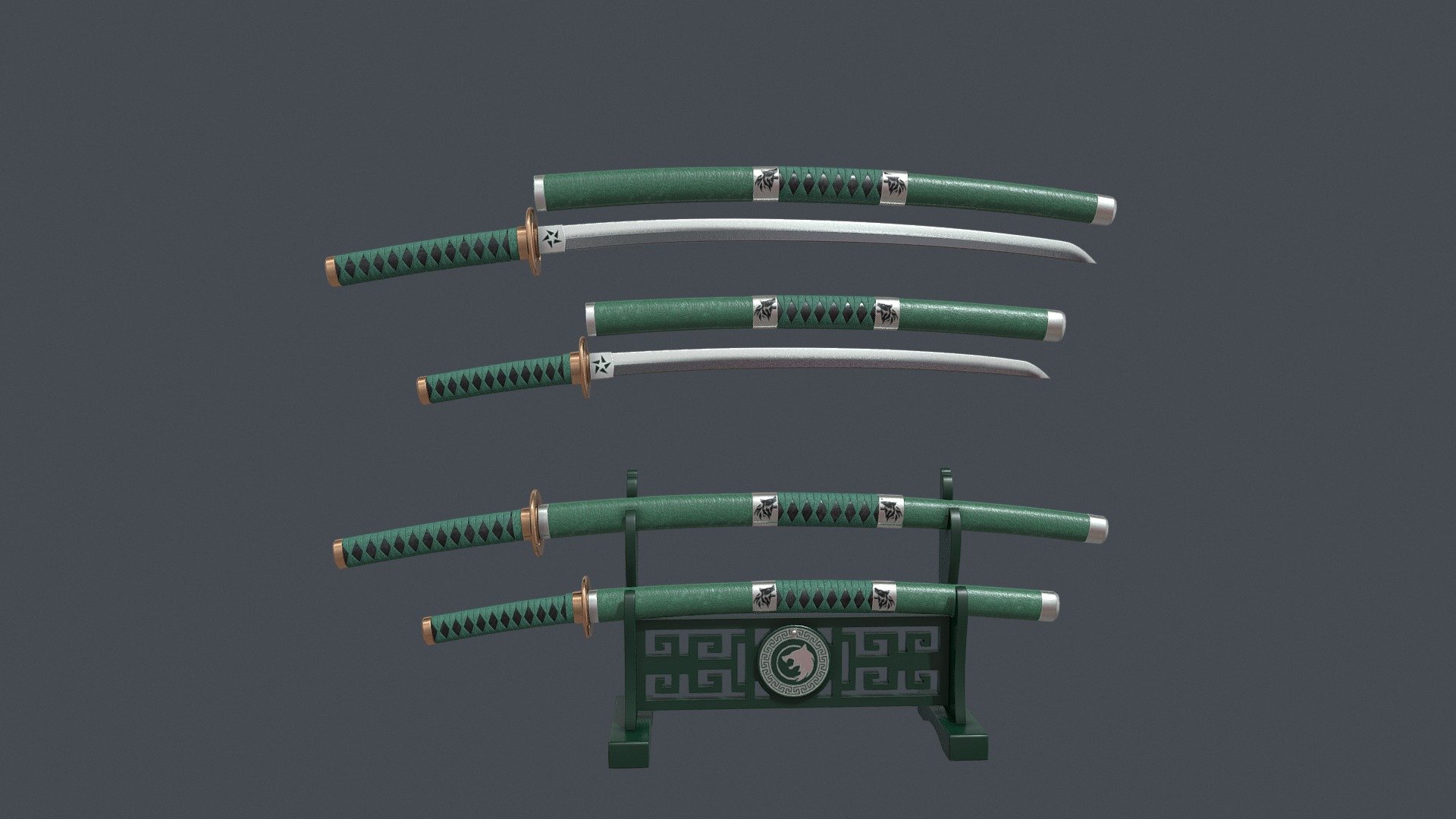Green Double Bladed Katana Wakizashi and Stand