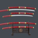 Red Double Bladed Katana Wakizashi and Stand