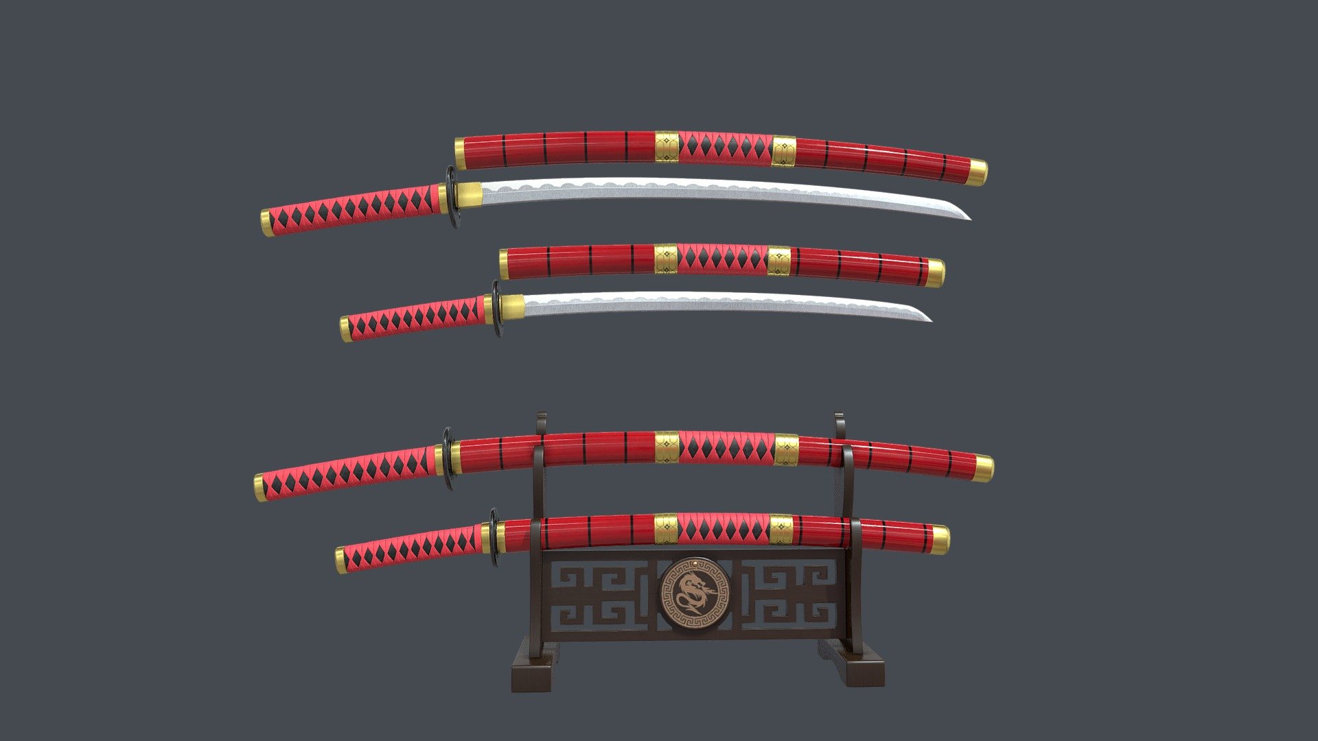 Red Double Bladed Katana Wakizashi and Stand