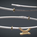 white Katana a Saya, a Sageo, and Stand