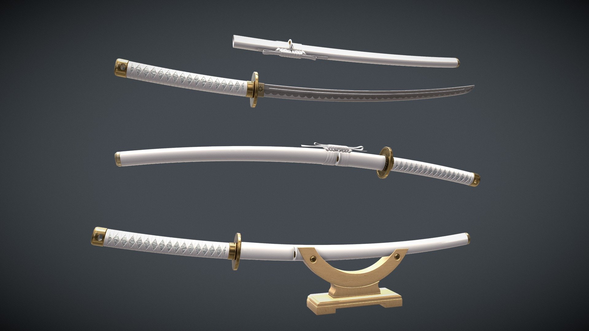 white Katana a Saya, a Sageo, and Stand