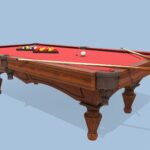 Red Wooden Billiard Tabl ,balls,sticks chalk