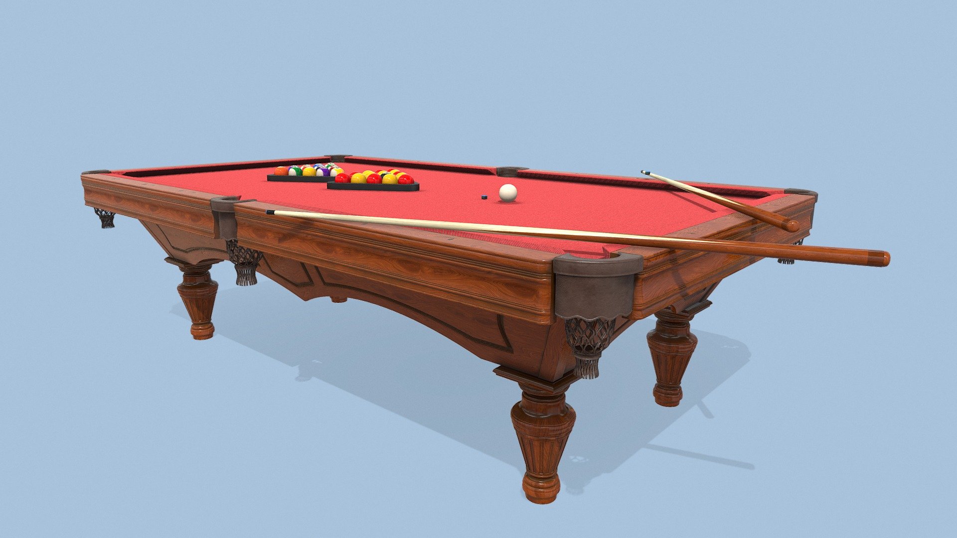 Red Wooden Billiard Tabl ,balls,sticks chalk