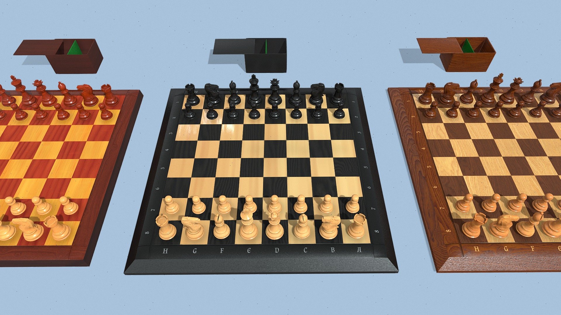 Three different wooden chess pieces and boards